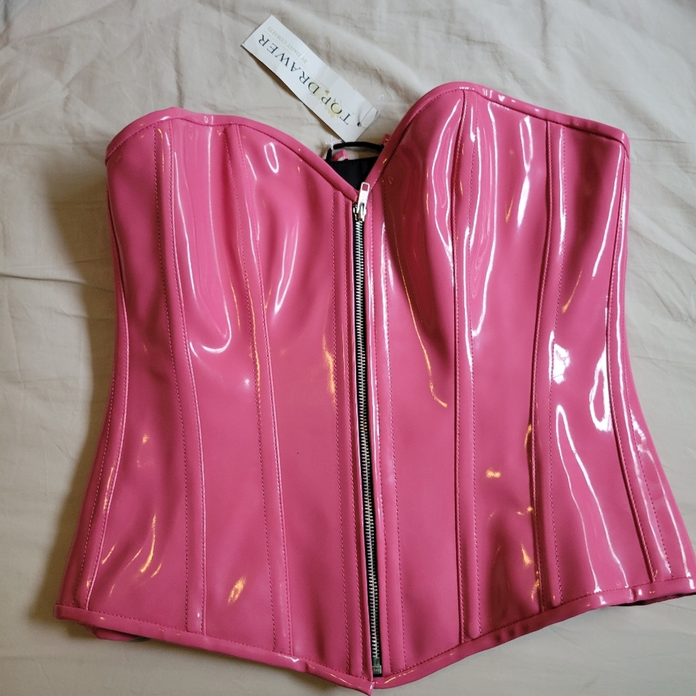 Top Drawer Bubblegum Pink Patent PVC Steel Boned Over Bust Corset